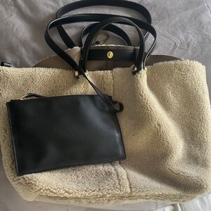 All Saints Black and Cream Shearling Tote
